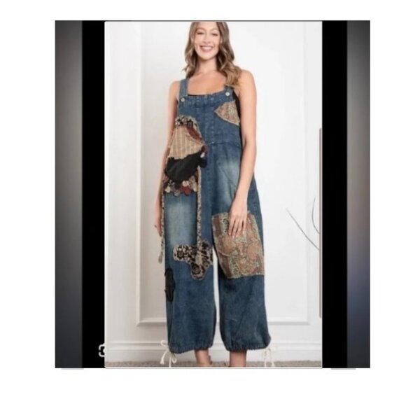 BlueVelvet Denim Capri Overalls with Mixed Patches in Denim XL🆕⌚📦🏃💨🚚 - Picture 3 of 16